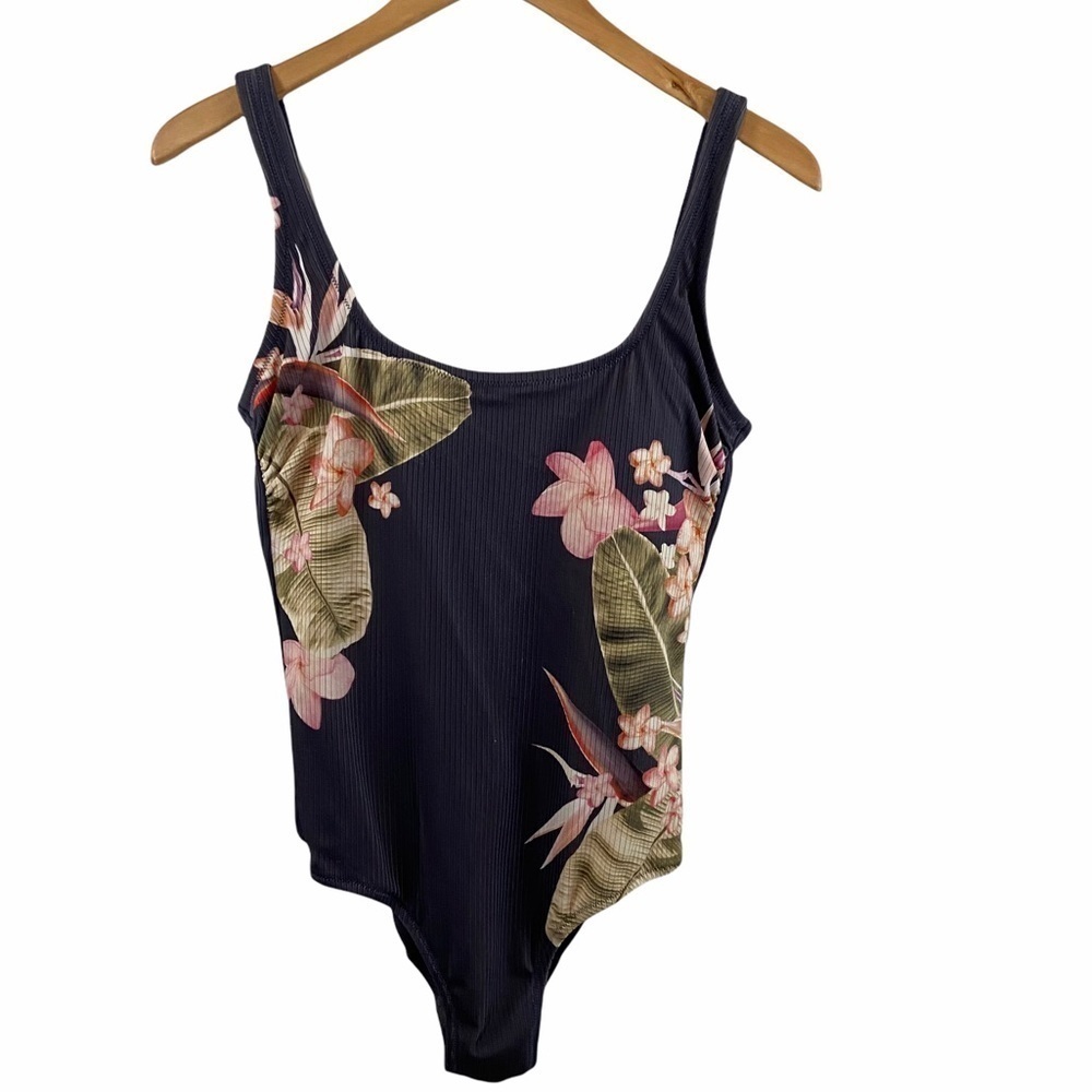 Kona Sol Grey Floral Ribbed One Piece Swimsuit Sz M Open Back Womens